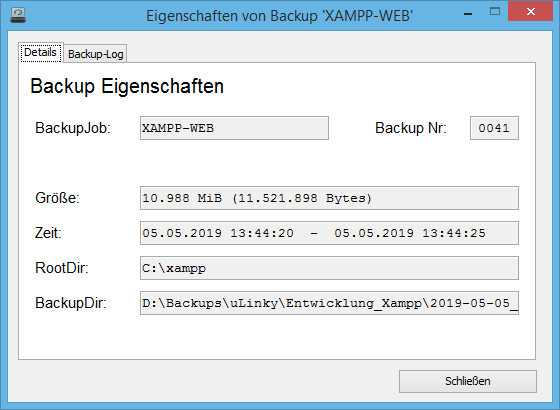 Verschiedene Details sowie der Backup-Log können zu einem Backup angezeigt werden