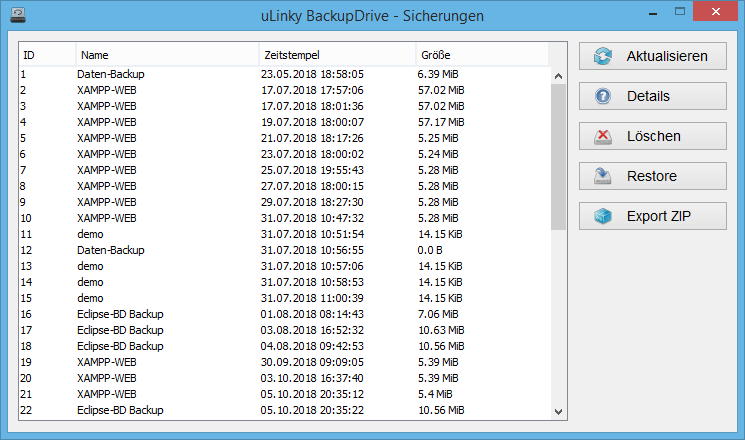 Eine Liste aller verfügbaren Sicherungen dient zum Wiederherstellen und der Verwaltung einzelner Backups.