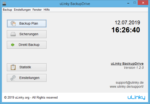 Grafische Benutzeroberfläche des Hauptmenüs von uLinky BackupDrive