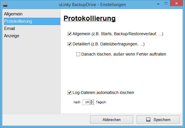 Einstellungen zur Protokollierung in BackupDrive