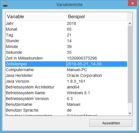 BackupJob-Eigenschaften: Dialog zur auswahl von Variablen in uLinky BackupDrive