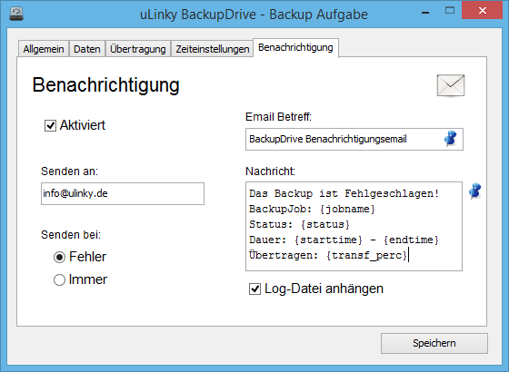 BackupJob-Eigenschaften: Einstellungen für eine E-Mail Benachrichtigung