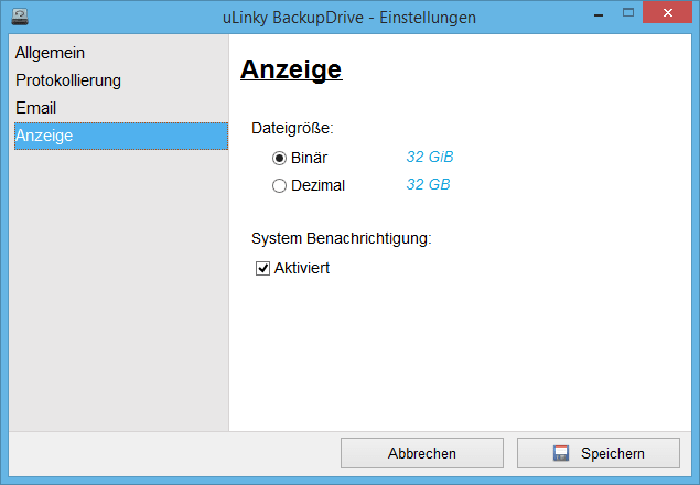 Anzeigeeinstellungen von BackupDrive